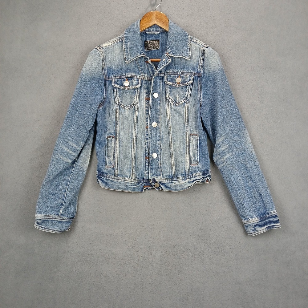 C Pink Cropped Trucker Jacket Womens‎ XL Blue Denim Cotton Casual Button Front